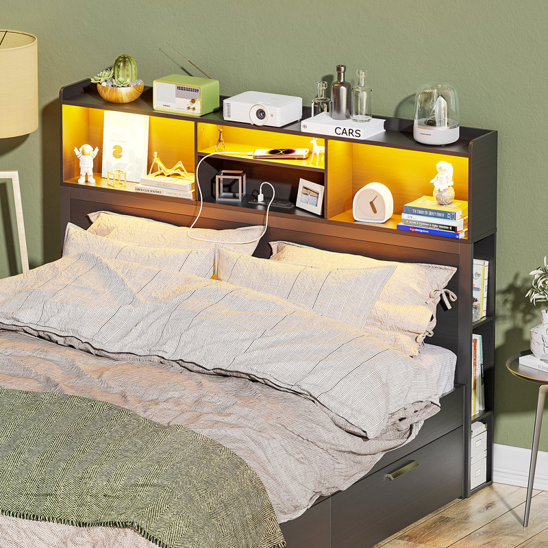 Latitude Run® Sayaan LED Queen Headboard with USB Ports and Side Shelf Storage | Wayfair